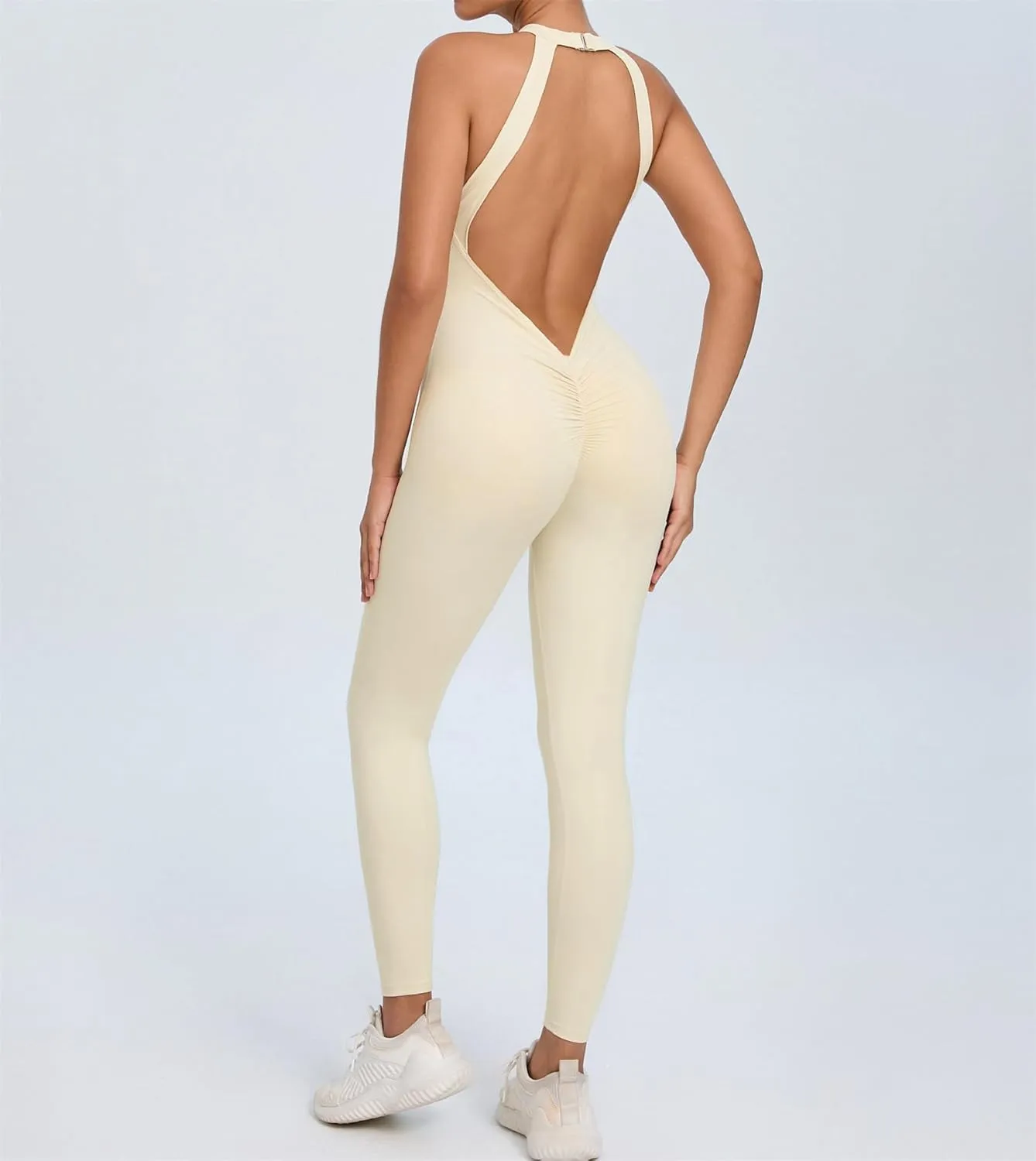 Women's One Piece Halter Workout Jumpsuits Scrunch Butt V Back Gym Yoga Romper Tummy Control Backless Sport Jumpsuits