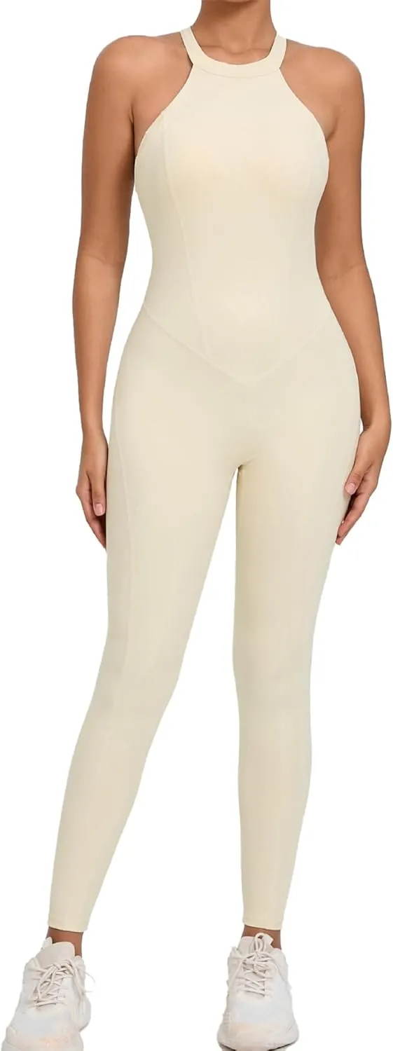 Women's One Piece Halter Workout Jumpsuits Scrunch Butt V Back Gym Yoga Romper Tummy Control Backless Sport Jumpsuits