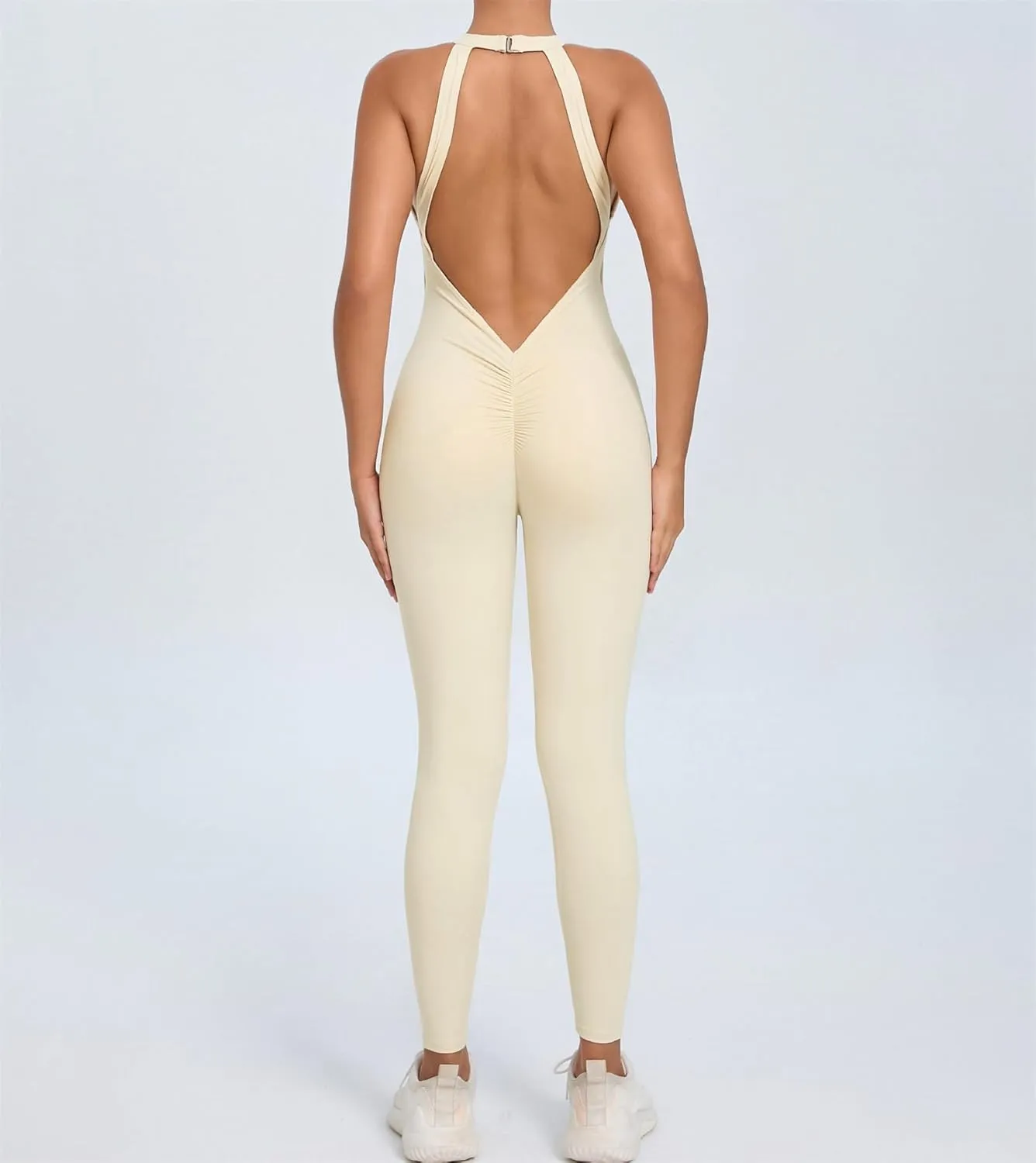 Women's One Piece Halter Workout Jumpsuits Scrunch Butt V Back Gym Yoga Romper Tummy Control Backless Sport Jumpsuits