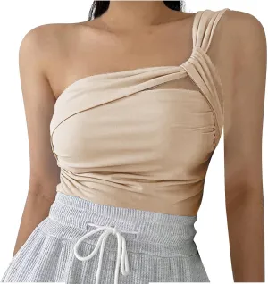 Women's One Shoulder Camisole Tank Tops Summer Sexy Sleeveless Cropped Cami Top for Going Out
