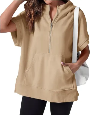Womens Oversized Half Zip Hoodies Short Sleeve Casual Sweatshirts Summer Pullover Tops with Pockets Loose 2025 Clothes