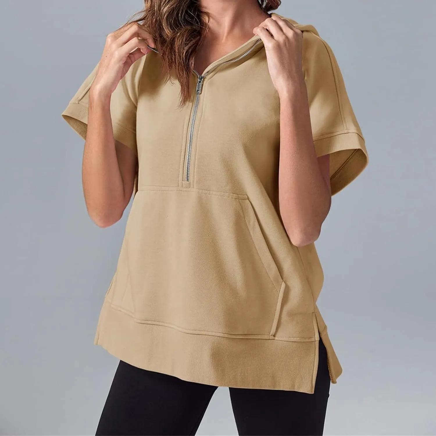 Womens Oversized Half Zip Hoodies Short Sleeve Casual Sweatshirts Summer Pullover Tops with Pockets Loose 2025 Clothes