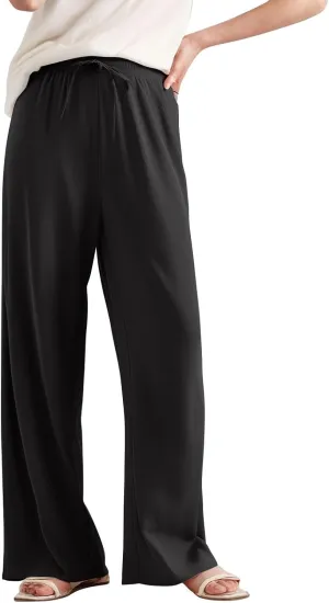 Women's Pants Casual Long Wide Leg High Waisted Trousers Loose Fit Drawstring Pleated Pull On Vacation Trousers