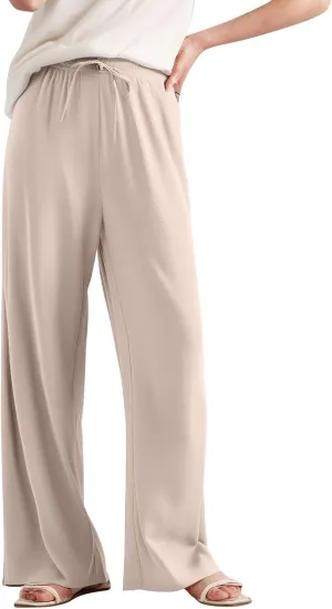 Women's Pants Casual Long Wide Leg High Waisted Trousers Loose Fit Drawstring Pleated Pull On Vacation Trousers