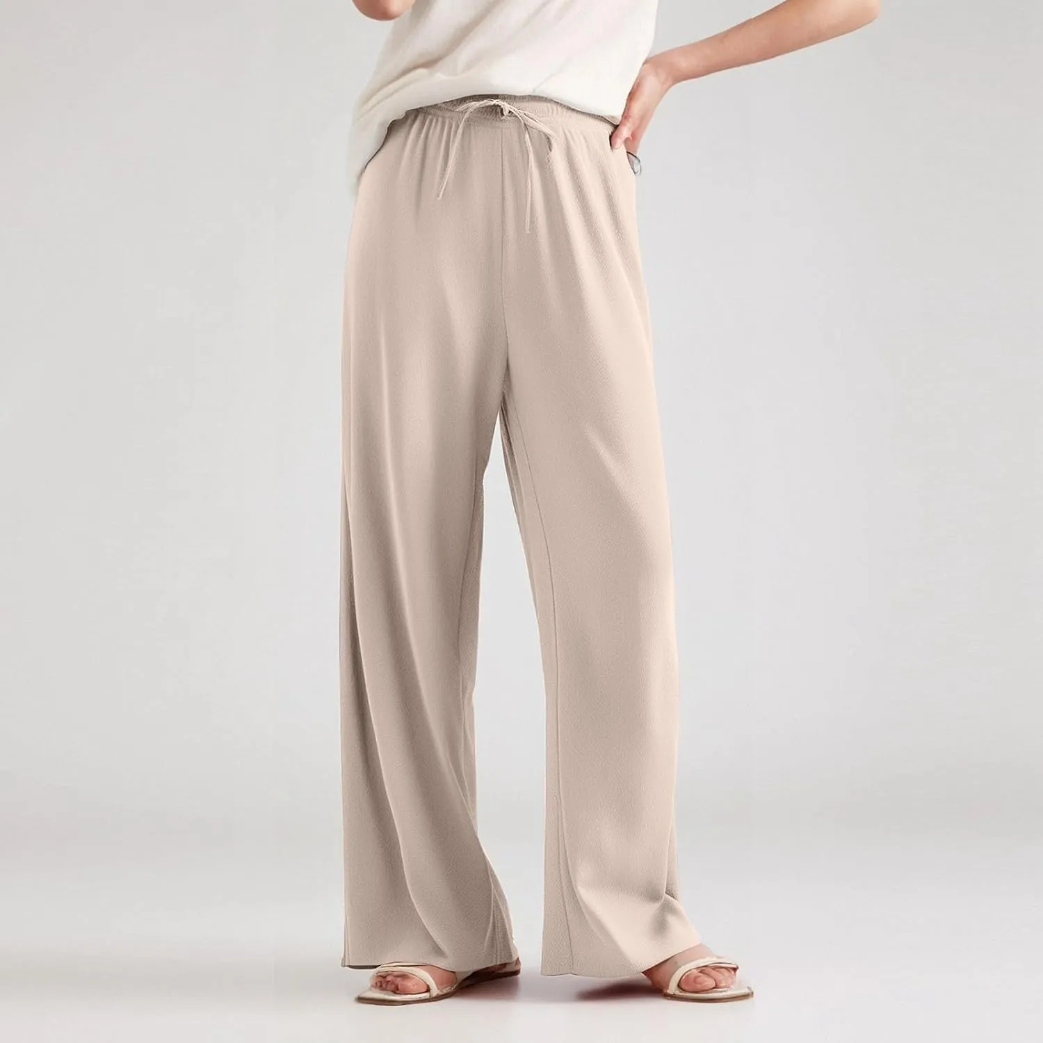 Women's Pants Casual Long Wide Leg High Waisted Trousers Loose Fit Drawstring Pleated Pull On Vacation Trousers