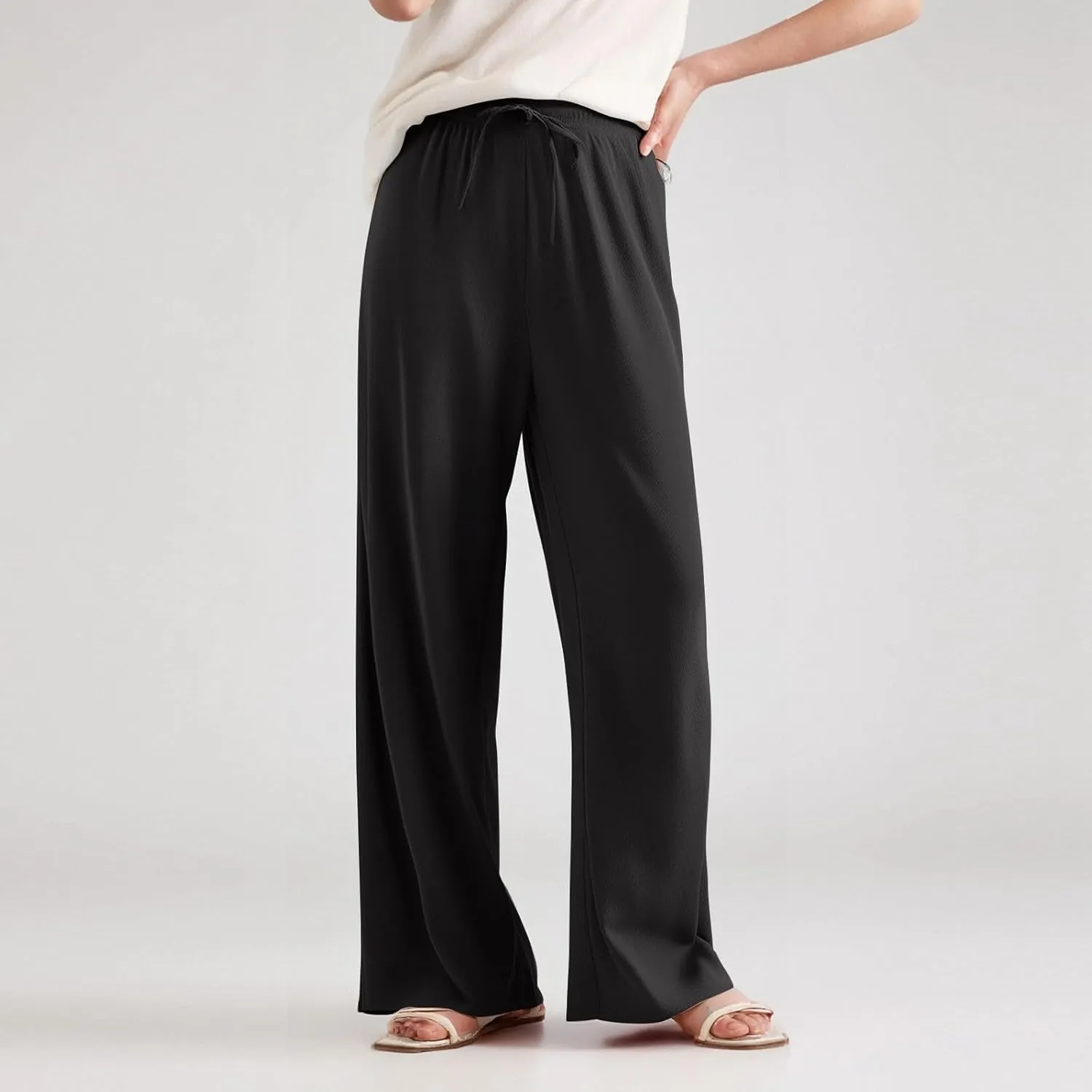 Women's Pants Casual Long Wide Leg High Waisted Trousers Loose Fit Drawstring Pleated Pull On Vacation Trousers