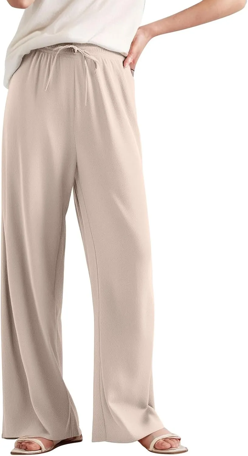 Women's Pants Casual Long Wide Leg High Waisted Trousers Loose Fit Drawstring Pleated Pull On Vacation Trousers