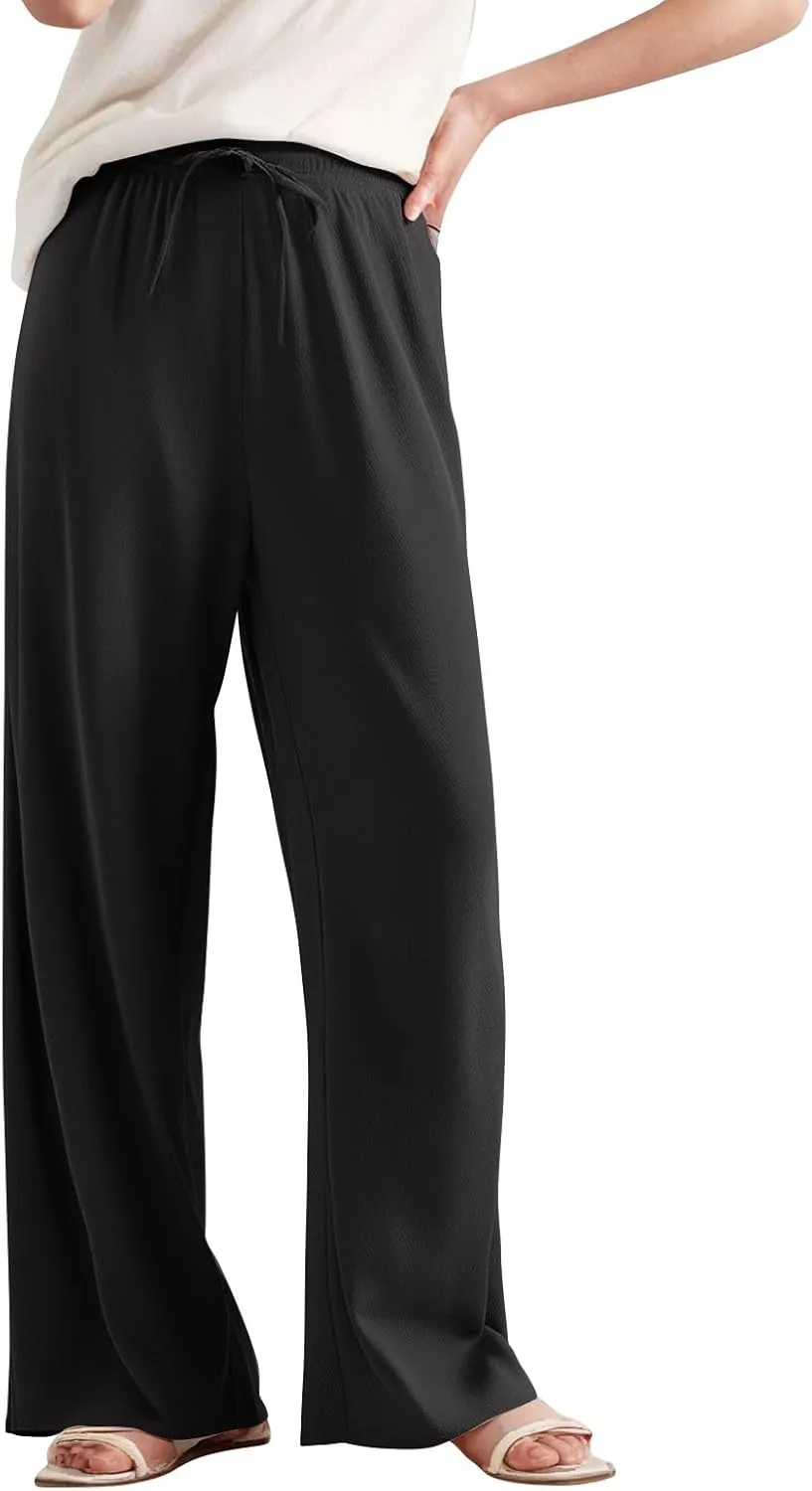 Women's Pants Casual Long Wide Leg High Waisted Trousers Loose Fit Drawstring Pleated Pull On Vacation Trousers