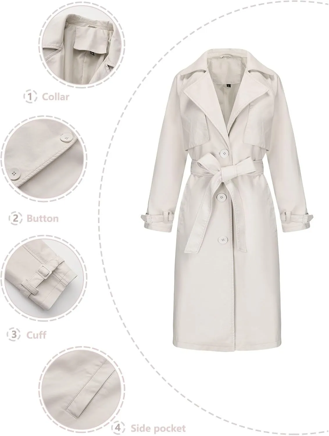 Womens PU Faux Leather Jacket Casual Lapel Long Suit Trench Coat Outerwear Leather Mid Long Jacket Coat with Pockets