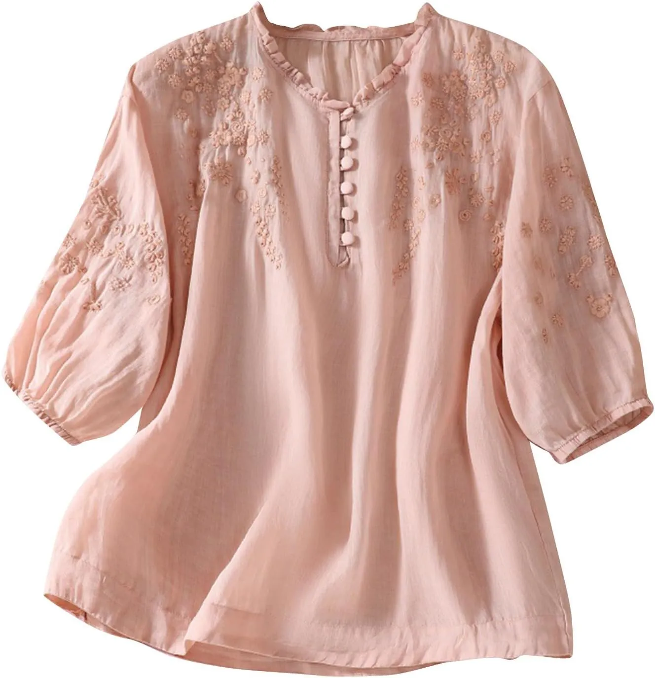 Women's Puff Short Sleeve Mexican Blouse V Neck Button Floral Embroidered Tops Loose Cotton Linen Peasant Boho Shirts