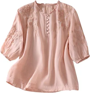 Women's Puff Short Sleeve Mexican Blouse V Neck Button Floral Embroidered Tops Loose Cotton Linen Peasant Boho Shirts