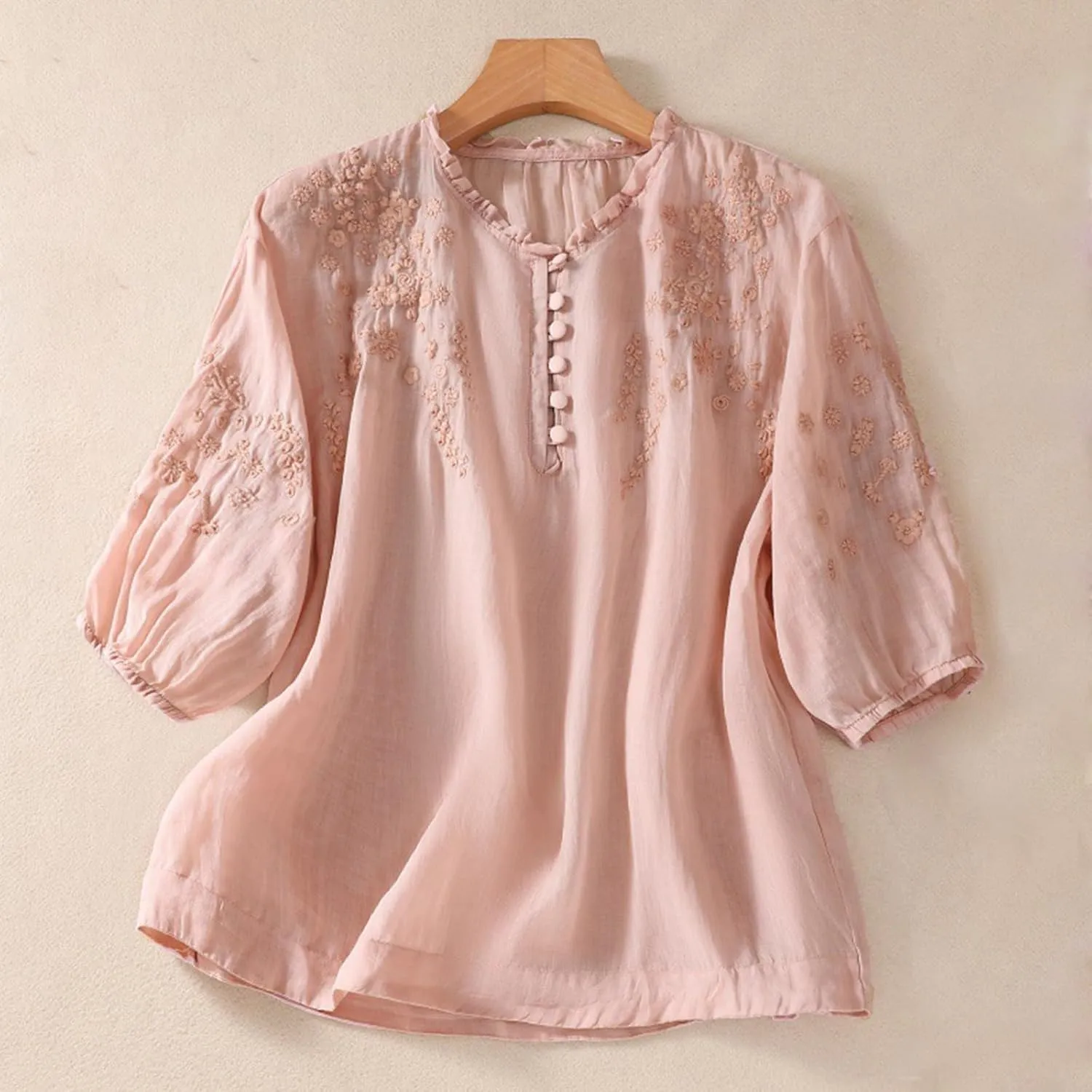Women's Puff Short Sleeve Mexican Blouse V Neck Button Floral Embroidered Tops Loose Cotton Linen Peasant Boho Shirts