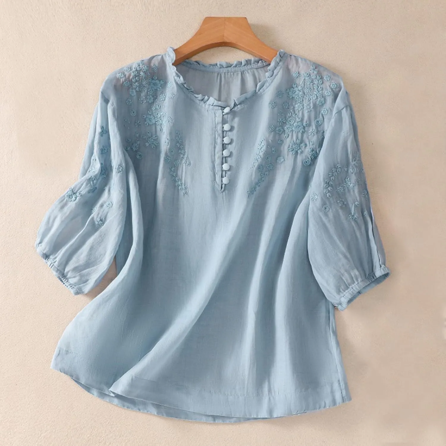 Women's Puff Short Sleeve Mexican Blouse V Neck Button Floral Embroidered Tops Loose Cotton Linen Peasant Boho Shirts
