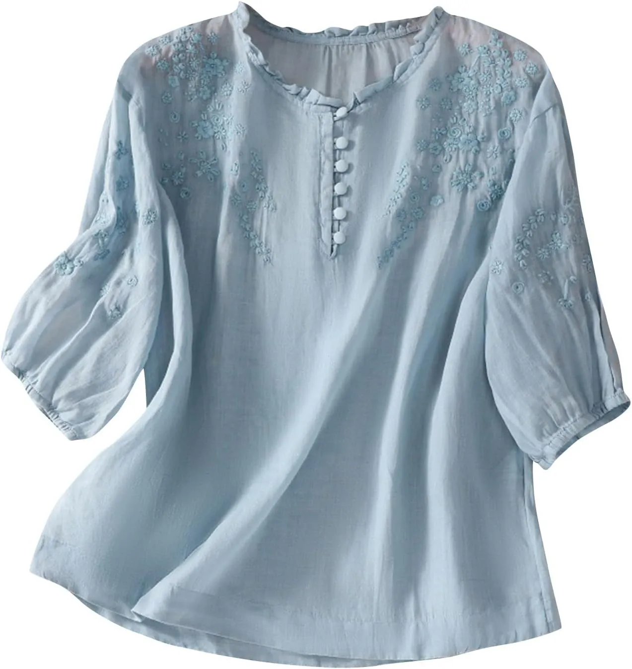 Women's Puff Short Sleeve Mexican Blouse V Neck Button Floral Embroidered Tops Loose Cotton Linen Peasant Boho Shirts