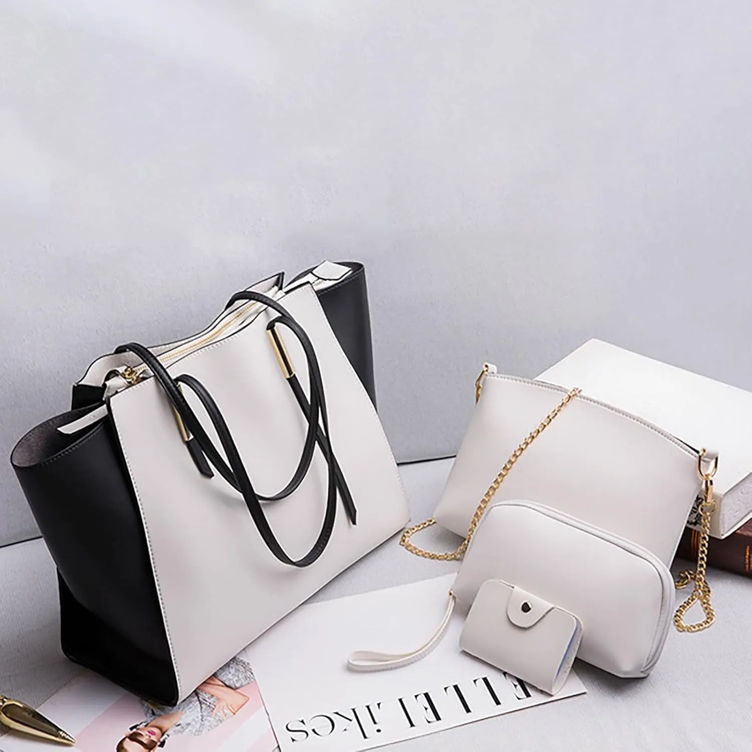 Women's Purses And Handbags Large Capacity Shoulder Bag Fashion Tote Handbag Soft Faux Pu Leather Wallet 4Pcs