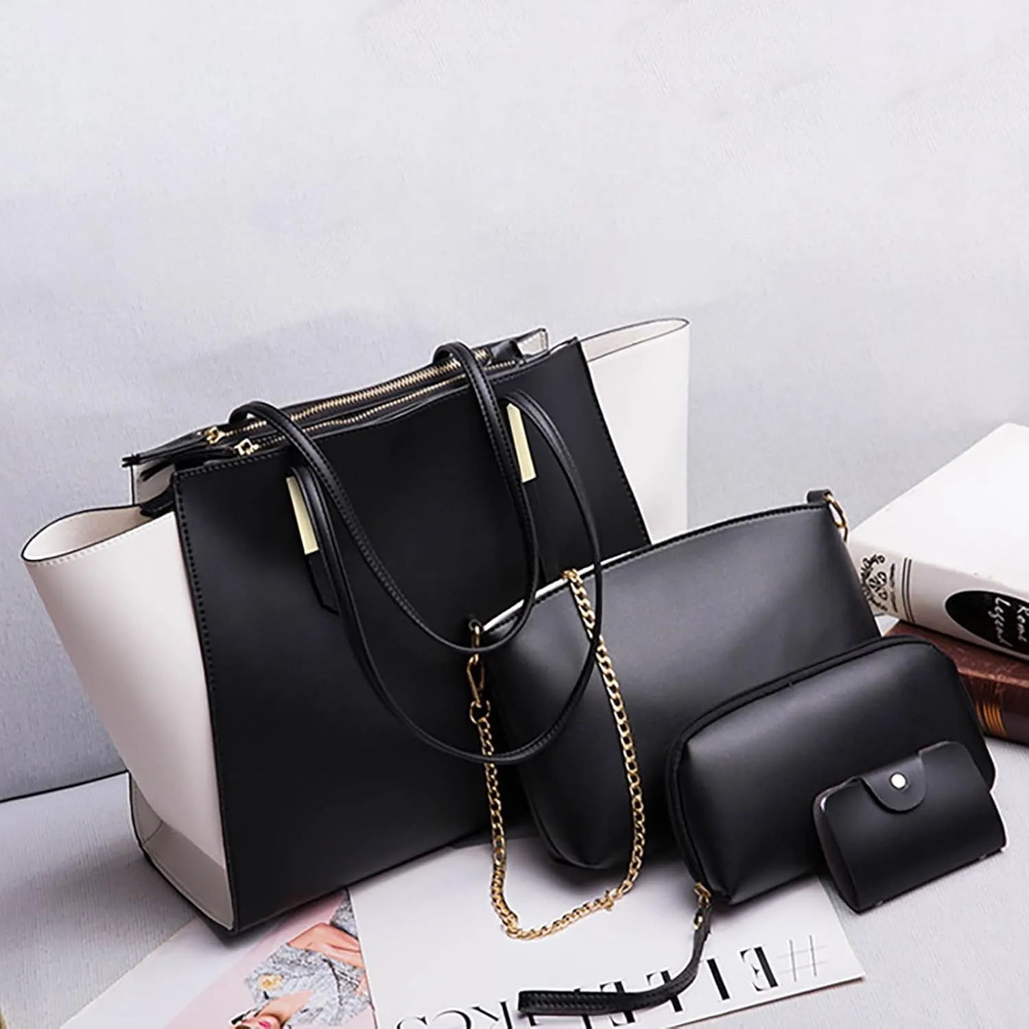 Women's Purses And Handbags Large Capacity Shoulder Bag Fashion Tote Handbag Soft Faux Pu Leather Wallet 4Pcs