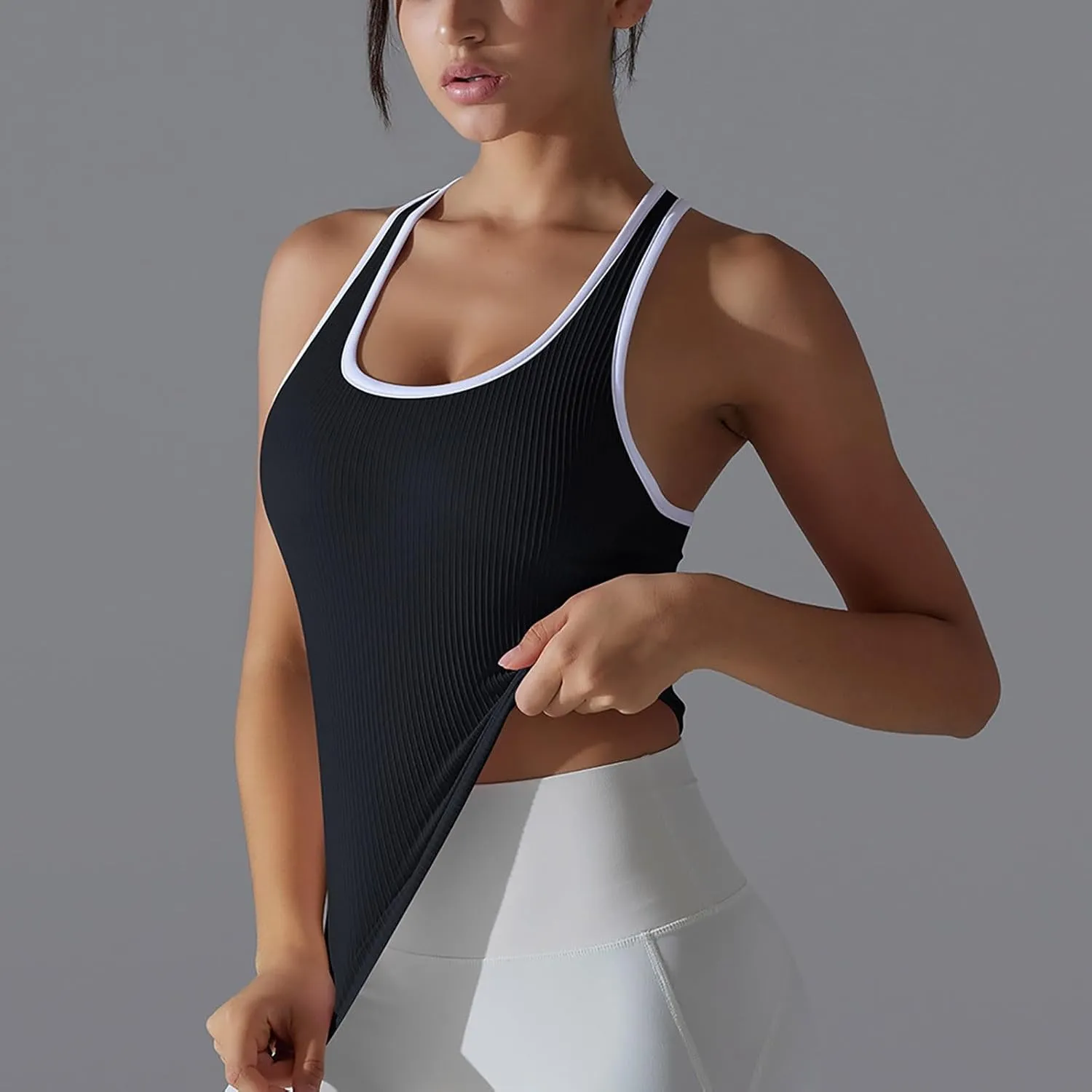 Women's Ribbed Workout Shirts Summer Light Elastic Racerback Tank Tops Casual Sleeveless Slim Comfy Yoga Blouse