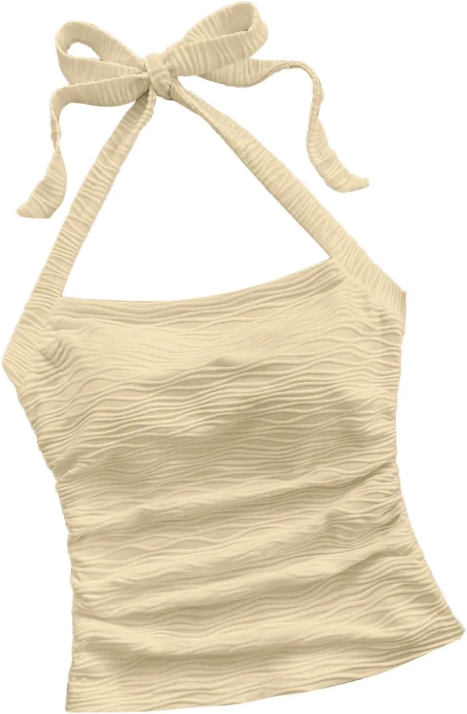 Women's Ruched Halterneck Y2K Crop Tops Tie Back Sleeveless Slim Fit Cami Top Teen Girls Textured Square Neck Shirts