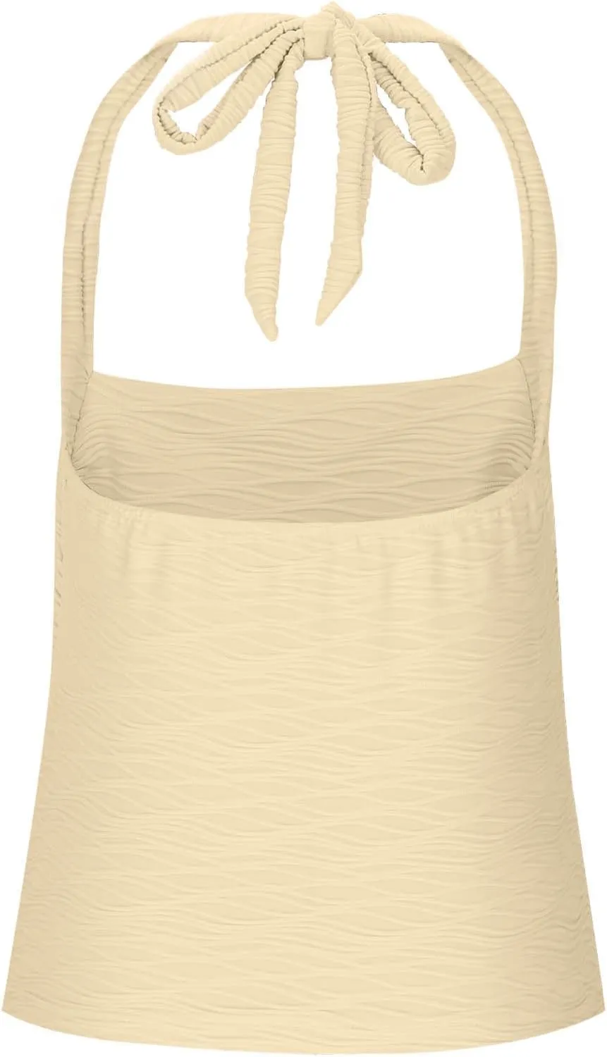 Women's Ruched Halterneck Y2K Crop Tops Tie Back Sleeveless Slim Fit Cami Top Teen Girls Textured Square Neck Shirts
