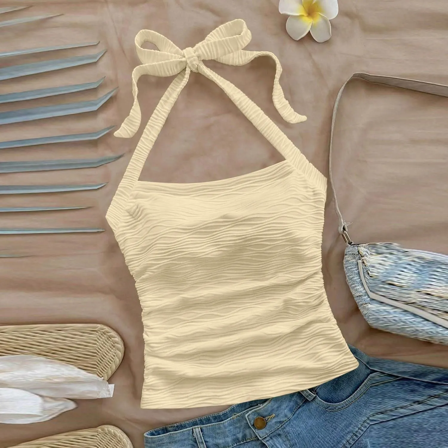 Women's Ruched Halterneck Y2K Crop Tops Tie Back Sleeveless Slim Fit Cami Top Teen Girls Textured Square Neck Shirts