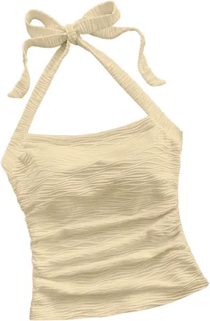 Women's Ruched Halterneck Y2K Crop Tops Tie Back Sleeveless Slim Fit Cami Top Teen Girls Textured Square Neck Shirts