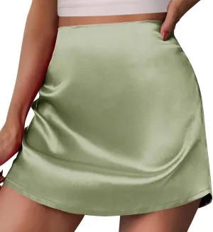 Women's Satin Elastic High Waist Zipper Skorts Versatile Stretchy Skirt Flared Casual A Line Mini Skirts Built in Shorts