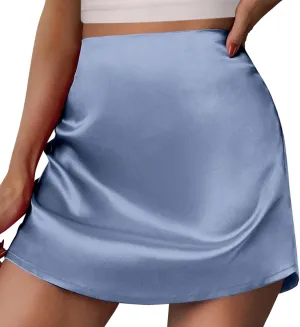 Women's Satin Elastic High Waist Zipper Skorts Versatile Stretchy Skirt Flared Casual A Line Mini Skirts Built in Shorts