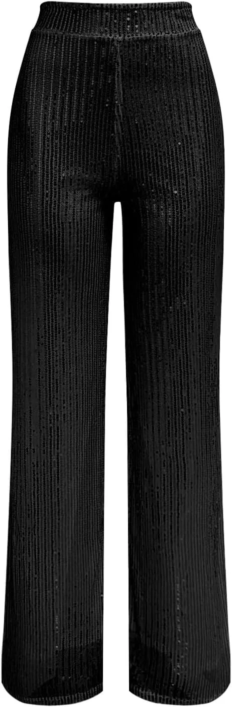 Womens Sequin Pants High Waist Wide Leg Sparkle Glitter Trousers Bell Bottom Night Out Clubwear Shiny Pants