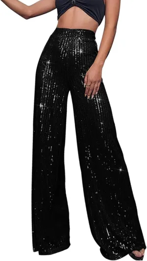 Womens Sequin Pants High Waist Wide Leg Sparkle Glitter Trousers Bell Bottom Night Out Clubwear Shiny Pants