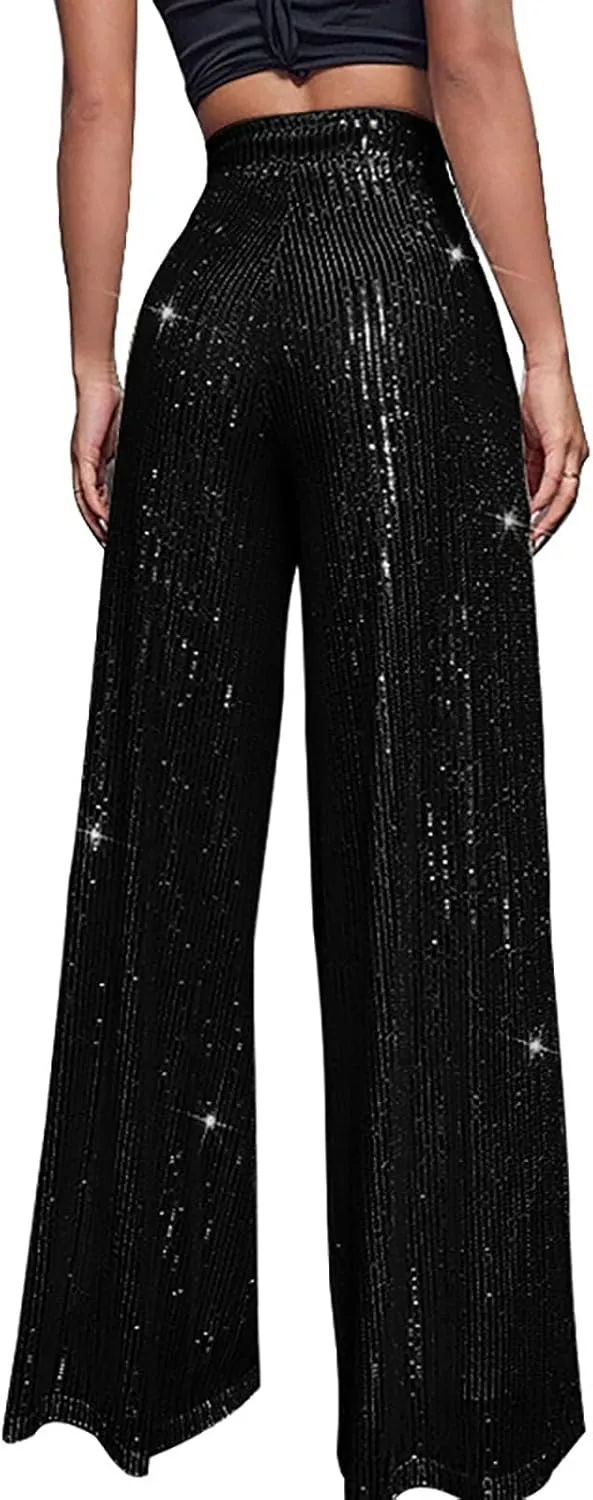 Womens Sequin Pants High Waist Wide Leg Sparkle Glitter Trousers Bell Bottom Night Out Clubwear Shiny Pants