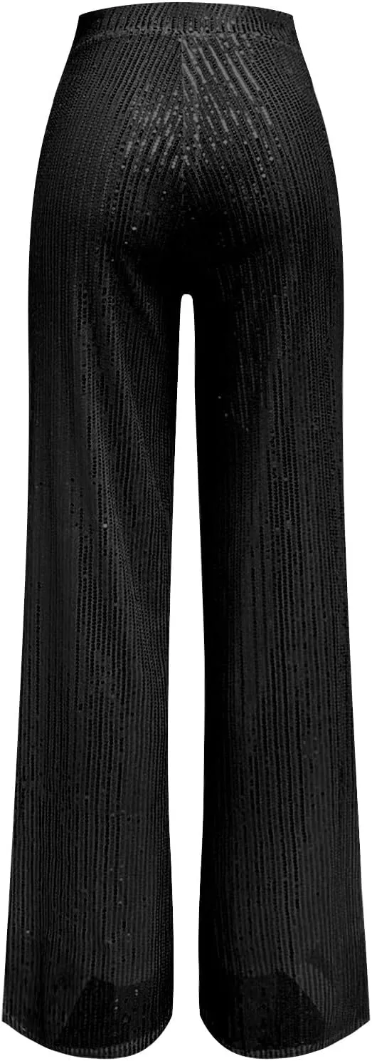 Womens Sequin Pants High Waist Wide Leg Sparkle Glitter Trousers Bell Bottom Night Out Clubwear Shiny Pants