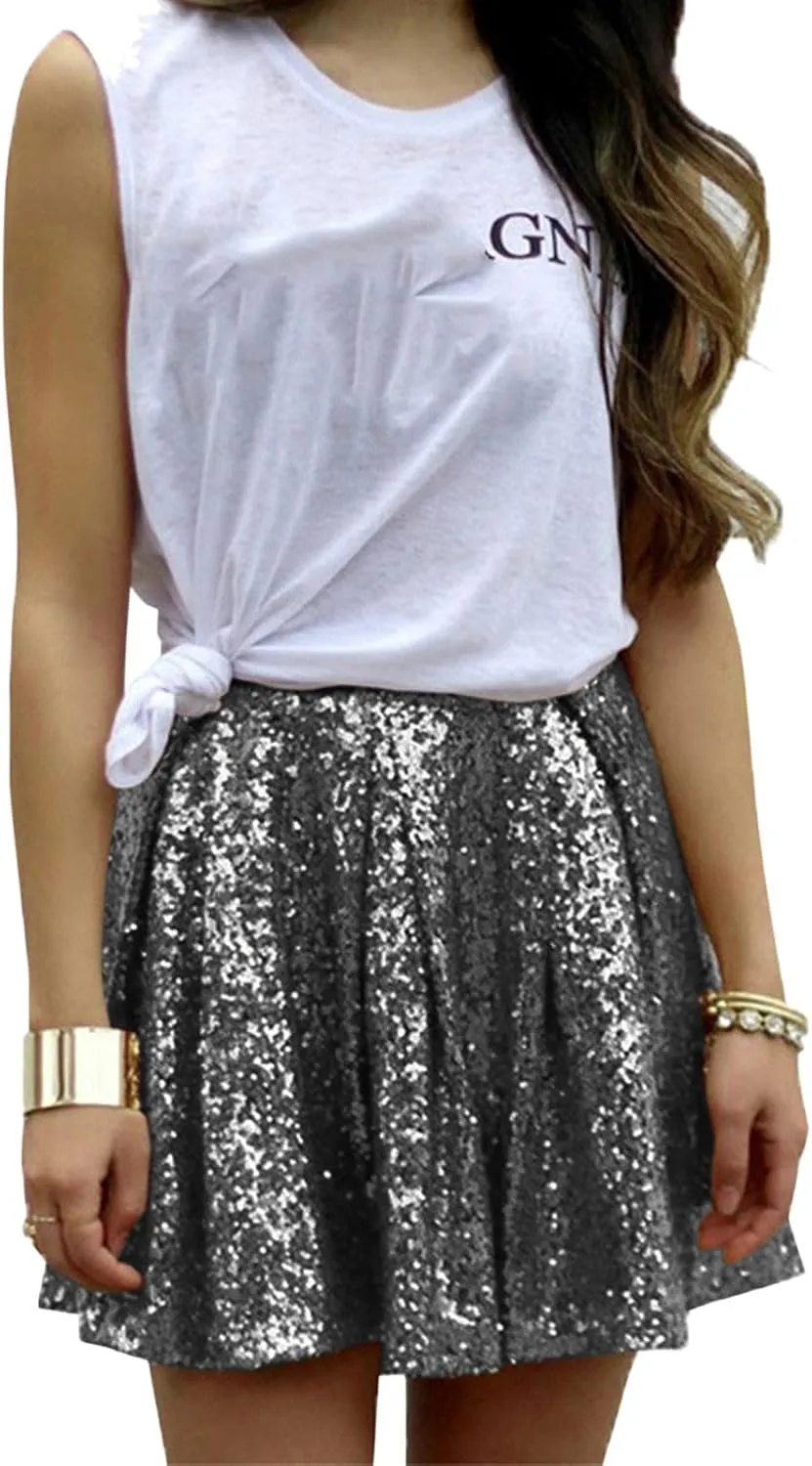 Womens Sequin Skirts Fashion High Waisted Pleated Skirts Holiday Party Sparkly Glitter Skirts 2025 Summer Trendy Skirts