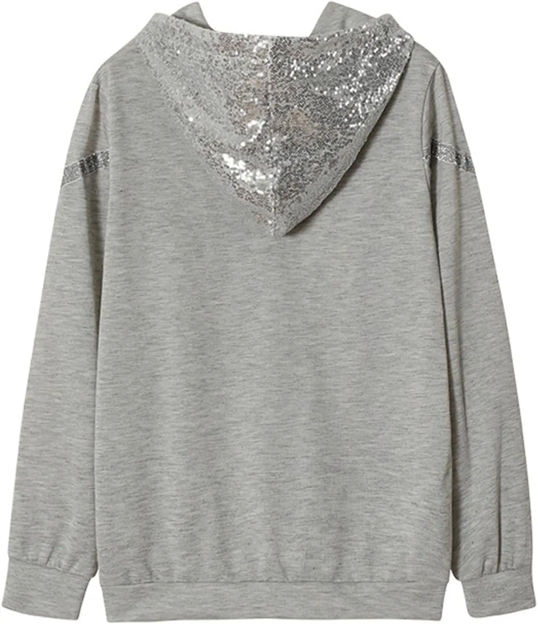 Women's Sequin Striped Hoodies Fashion Oversized Glitter Hooded Sweatshirts Thicken Warm Long Sleeve Pullover Tops