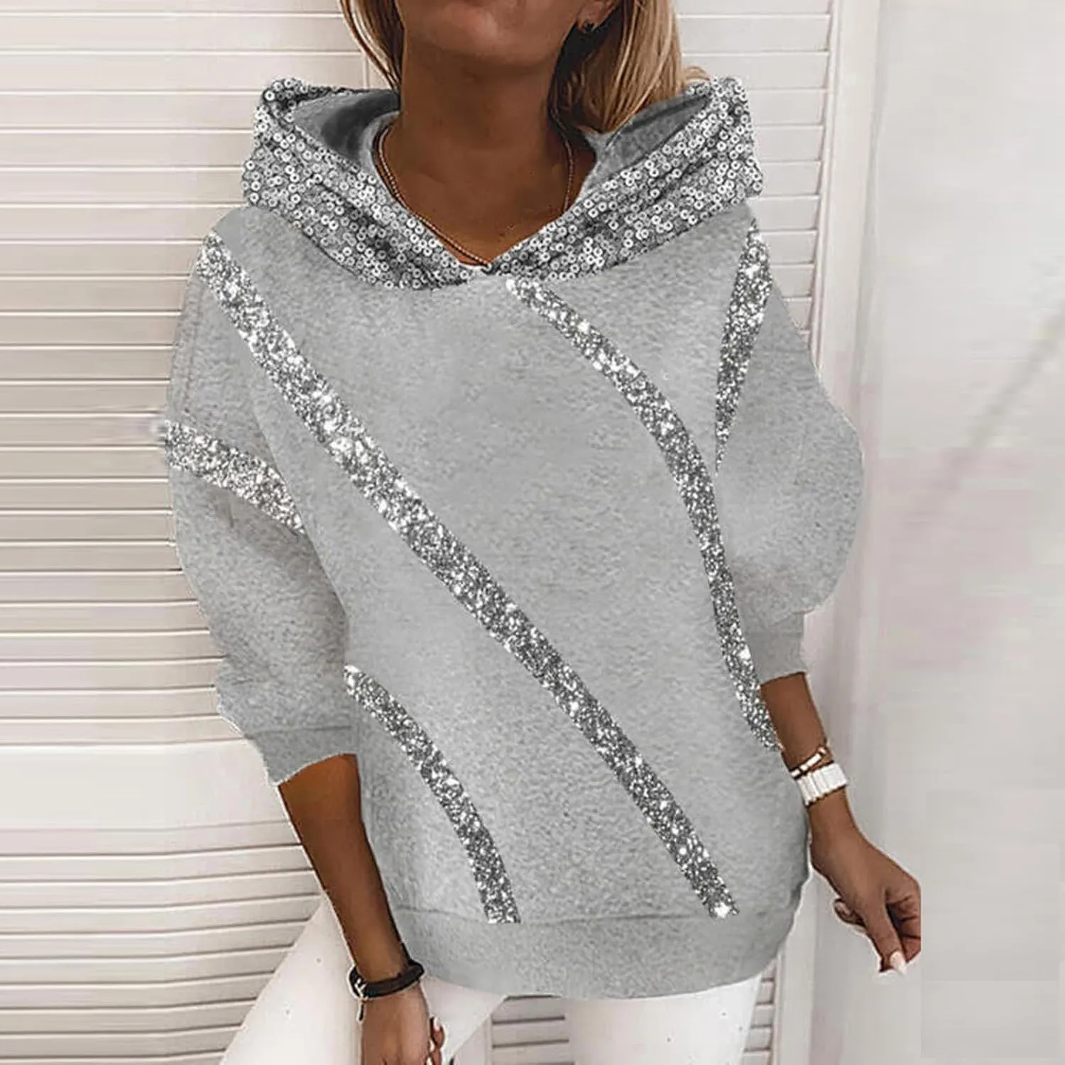 Women's Sequin Striped Hoodies Fashion Oversized Glitter Hooded Sweatshirts Thicken Warm Long Sleeve Pullover Tops