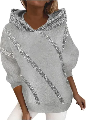 Women's Sequin Striped Hoodies Fashion Oversized Glitter Hooded Sweatshirts Thicken Warm Long Sleeve Pullover Tops