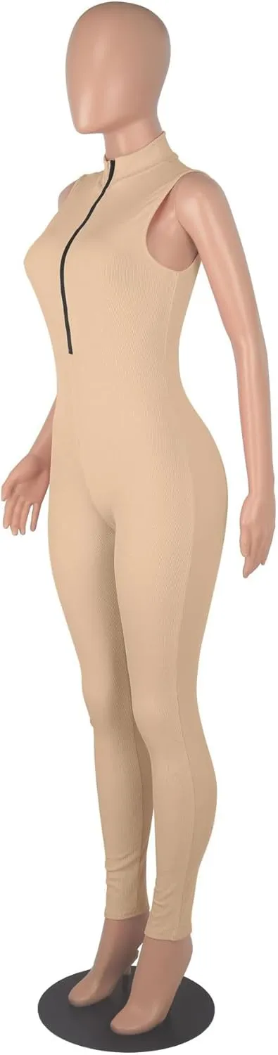 Womens Sexy Bodycon Ribbed Jumpsuit Sleeveless Zipper Mock Neck Skinny Long Pants One Piece Romper Outfit