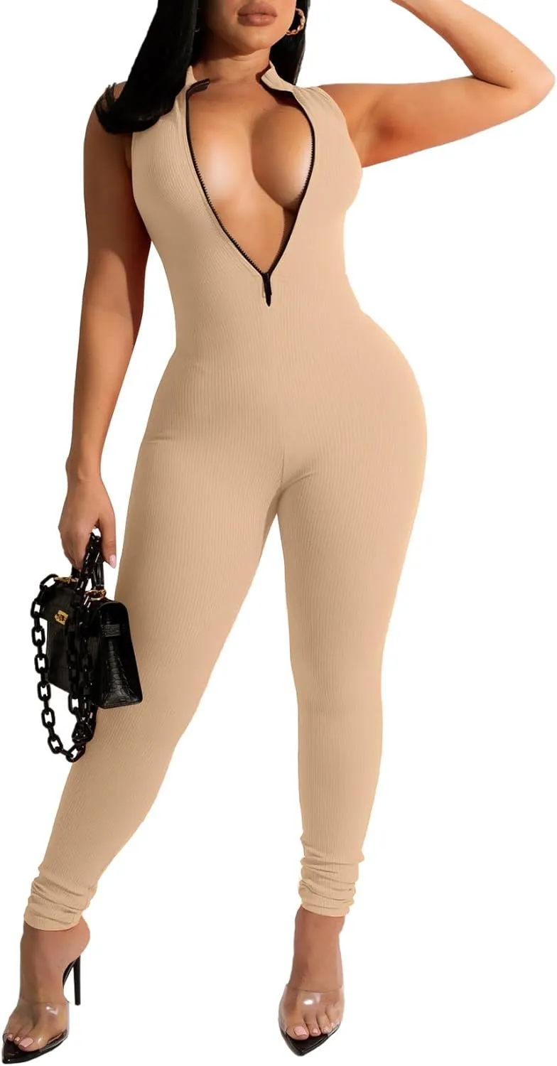 Womens Sexy Bodycon Ribbed Jumpsuit Sleeveless Zipper Mock Neck Skinny Long Pants One Piece Romper Outfit