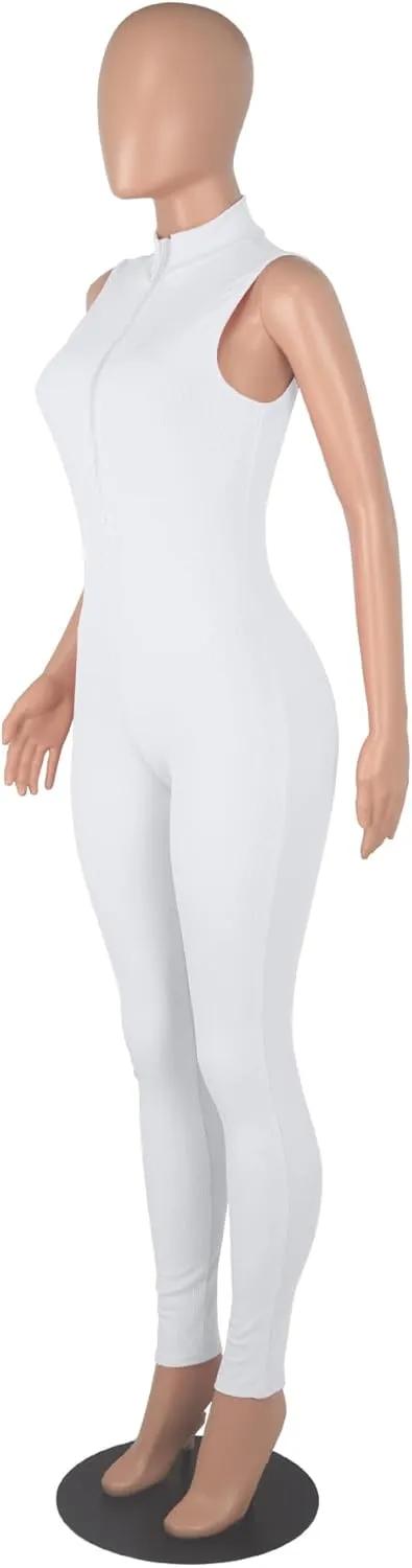 Womens Sexy Bodycon Ribbed Jumpsuit Sleeveless Zipper Mock Neck Skinny Long Pants One Piece Romper Outfit