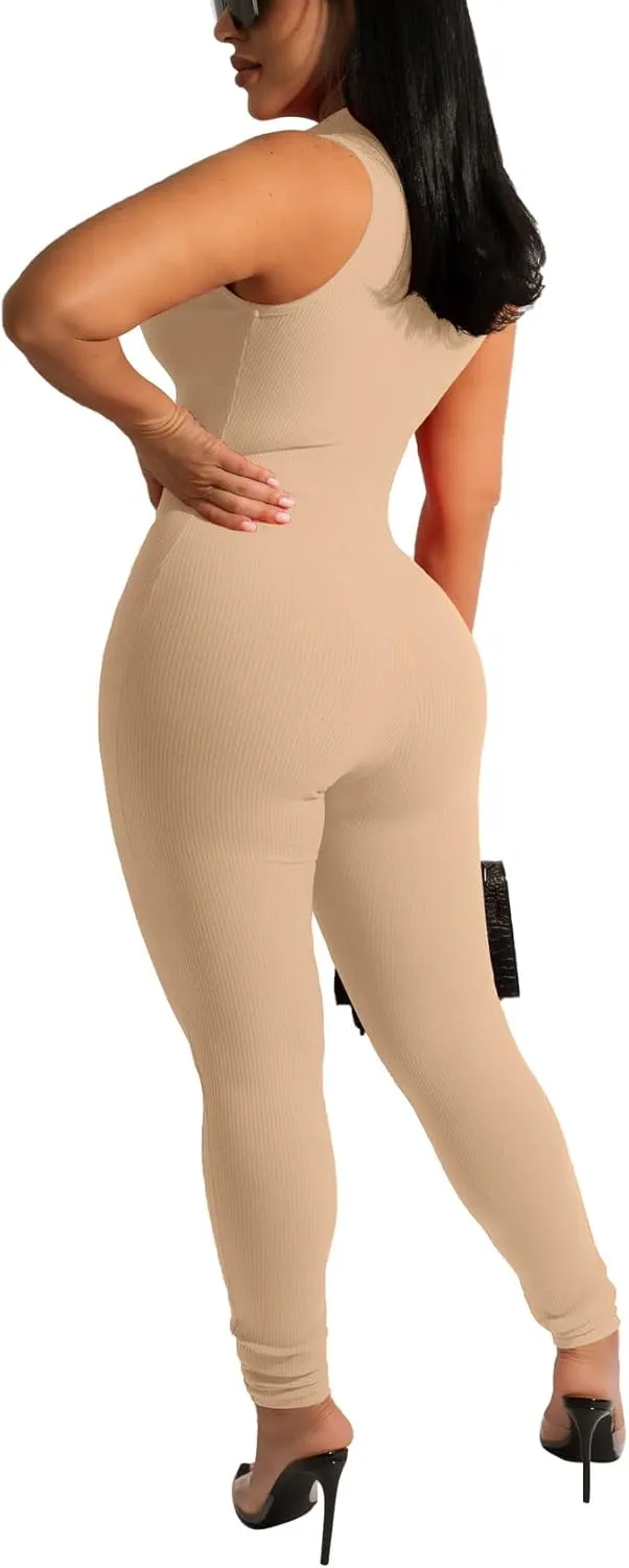 Womens Sexy Bodycon Ribbed Jumpsuit Sleeveless Zipper Mock Neck Skinny Long Pants One Piece Romper Outfit