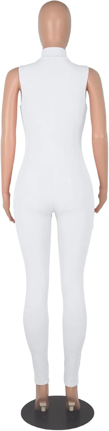 Womens Sexy Bodycon Ribbed Jumpsuit Sleeveless Zipper Mock Neck Skinny Long Pants One Piece Romper Outfit