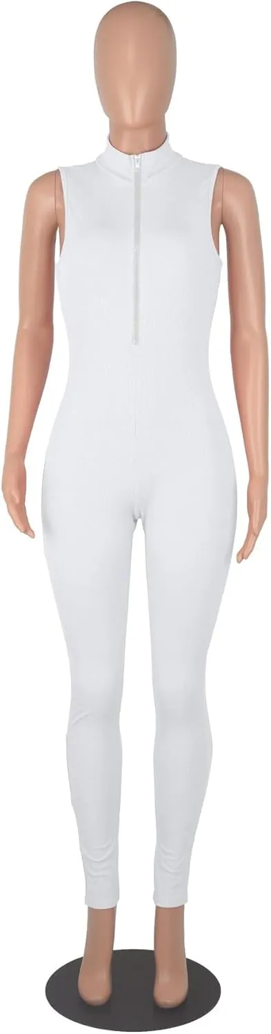 Womens Sexy Bodycon Ribbed Jumpsuit Sleeveless Zipper Mock Neck Skinny Long Pants One Piece Romper Outfit