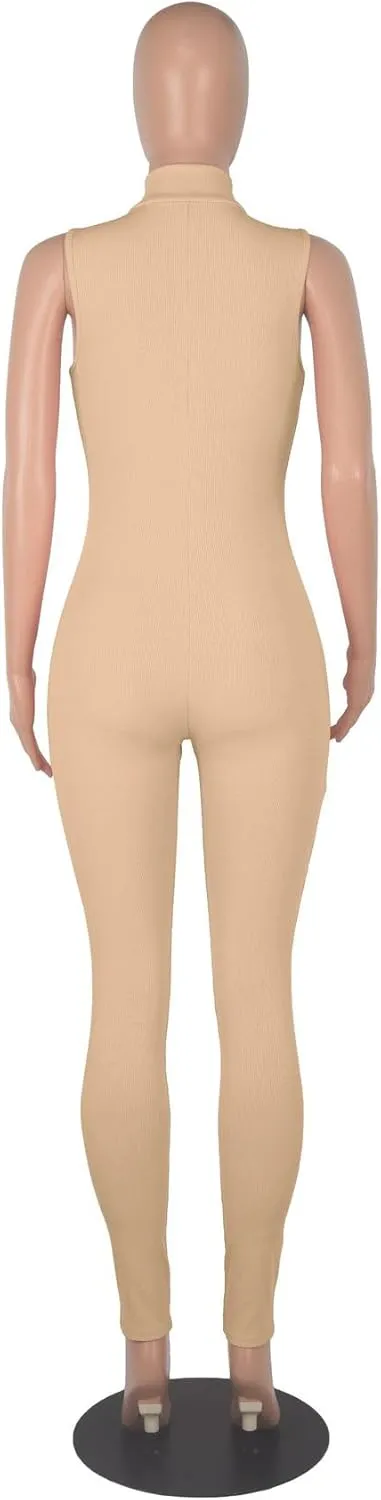 Womens Sexy Bodycon Ribbed Jumpsuit Sleeveless Zipper Mock Neck Skinny Long Pants One Piece Romper Outfit