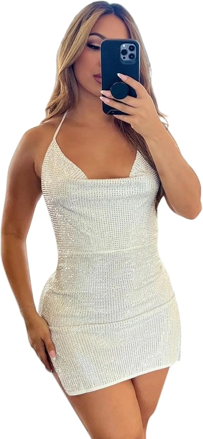 Women's Sexy Glitter Summer Halter Bodycon Dress Lace Criss Cross Spaghetti Mini Dress Backless Cowl Neck Party Dresses