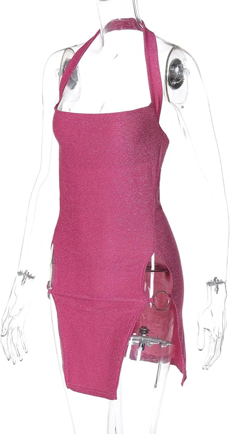 Women's Sexy Glitter Summer Halter Bodycon Dress Lace Criss Cross Spaghetti Mini Dress Backless Cowl Neck Party Dresses