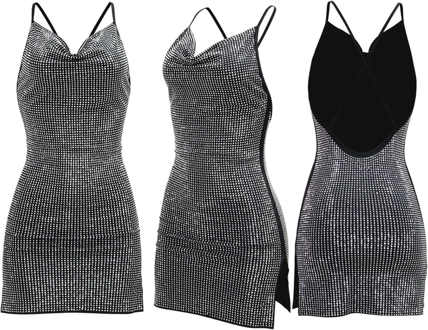Women's Sexy Glitter Summer Halter Bodycon Dress Lace Criss Cross Spaghetti Mini Dress Backless Cowl Neck Party Dresses