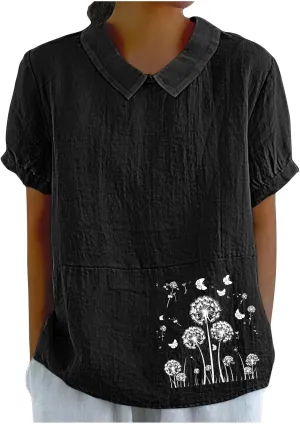 Womens Short Sleeve Linen Shirt Babydoll Collar Blouse Floral Print Linen Tops Plus Size Flowy Tops Dressy Tunic Tops