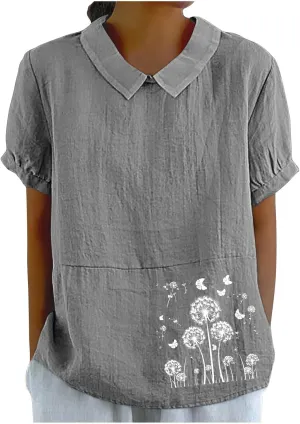 Womens Short Sleeve Linen Shirt Babydoll Collar Blouse Floral Print Linen Tops Plus Size Flowy Tops Dressy Tunic Tops
