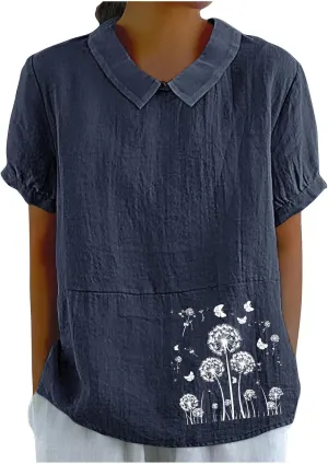 Womens Short Sleeve Linen Shirt Babydoll Collar Blouse Floral Print Linen Tops Plus Size Flowy Tops Dressy Tunic Tops