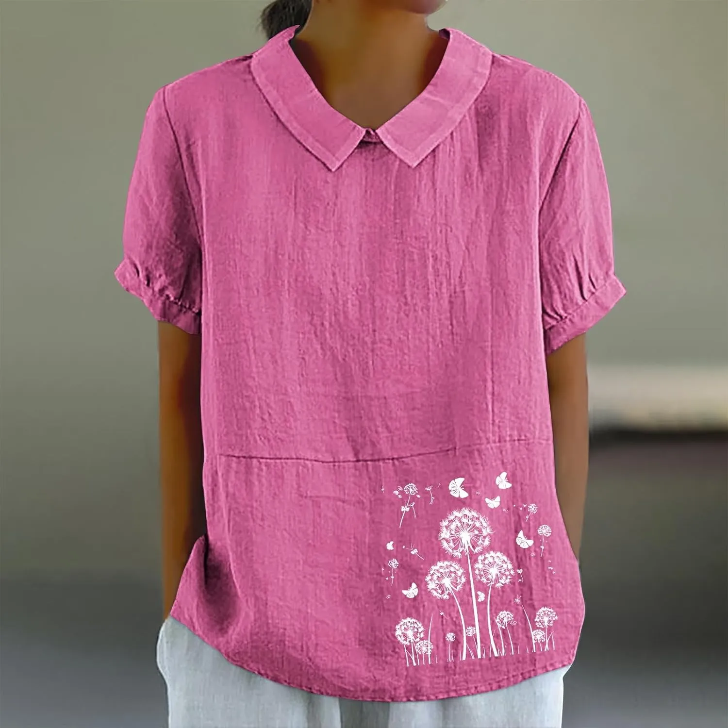 Womens Short Sleeve Linen Shirt Babydoll Collar Blouse Floral Print Linen Tops Plus Size Flowy Tops Dressy Tunic Tops