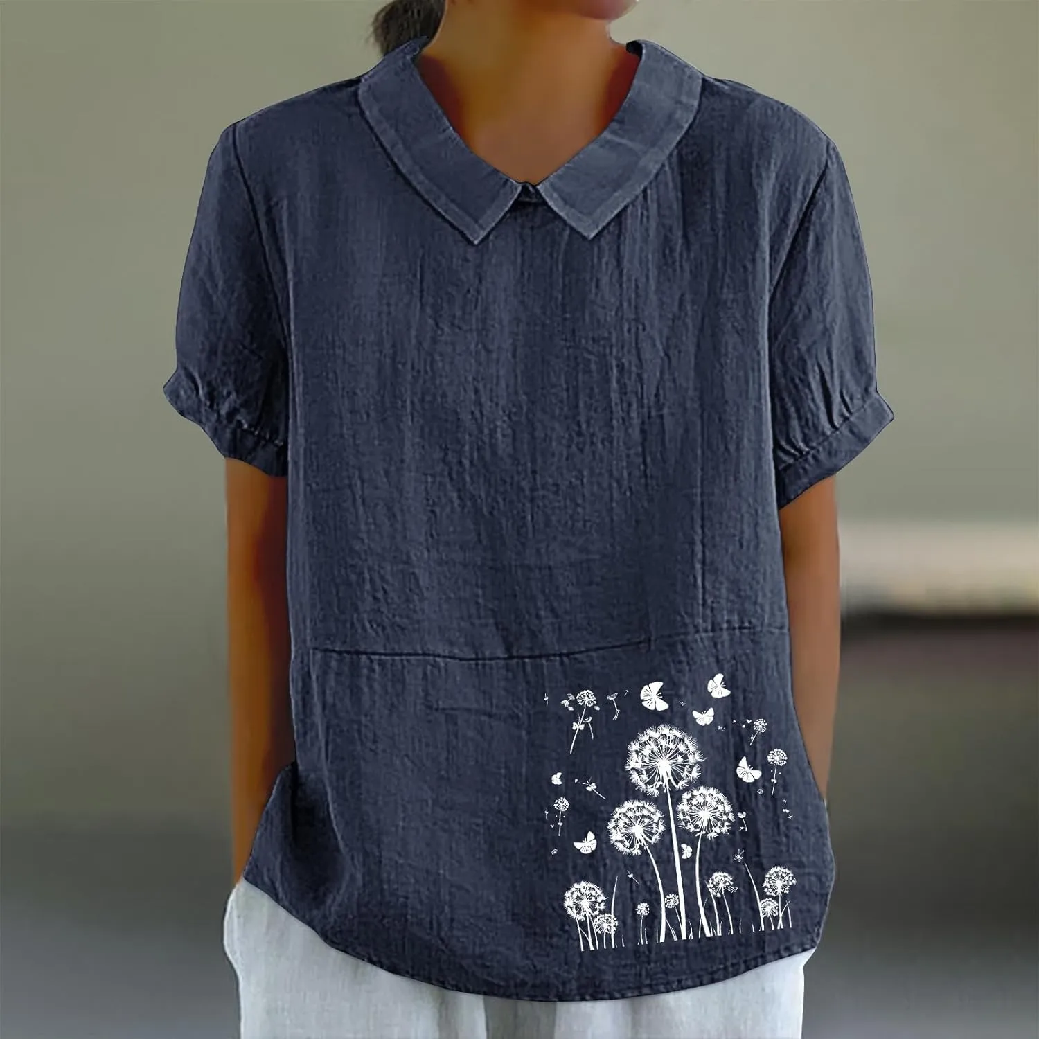 Womens Short Sleeve Linen Shirt Babydoll Collar Blouse Floral Print Linen Tops Plus Size Flowy Tops Dressy Tunic Tops